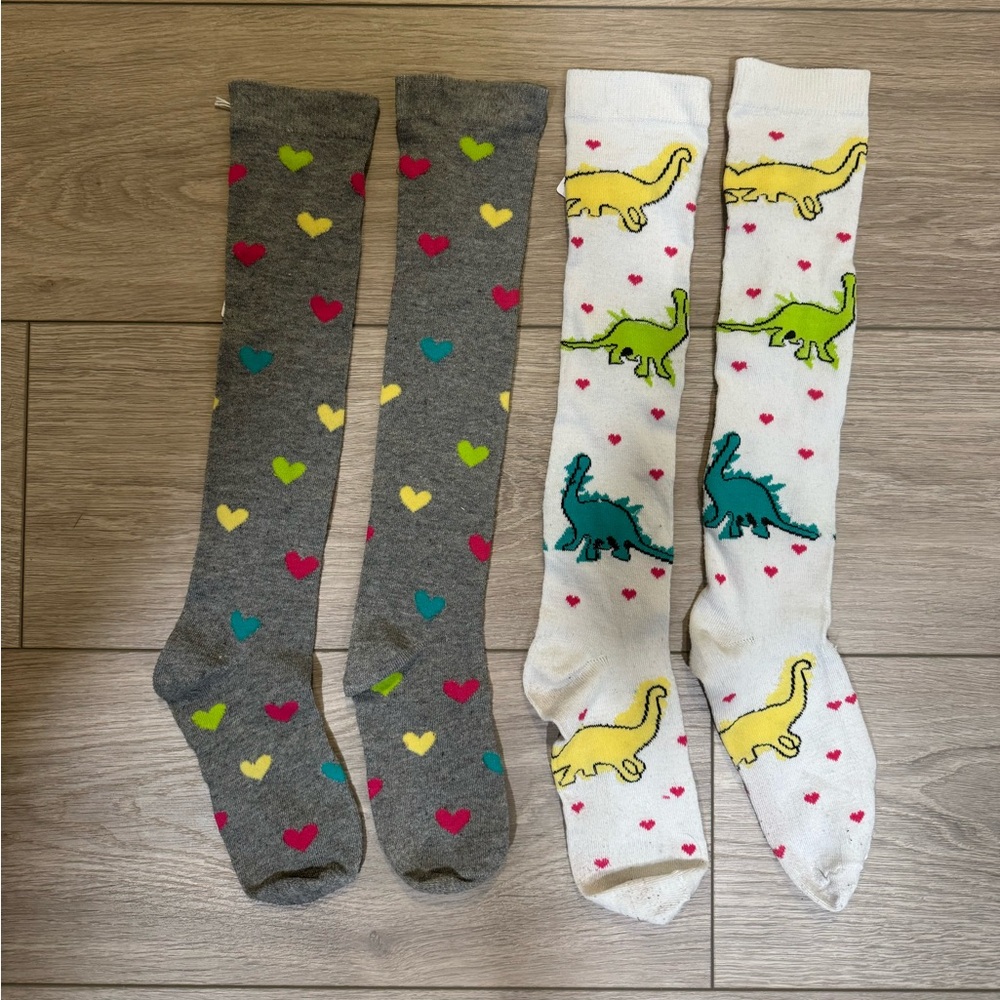 Dinosaur and Heart Knee High Socks